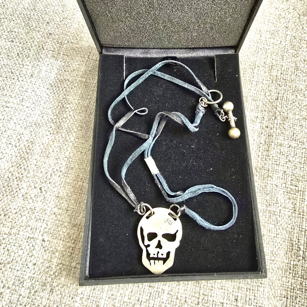 NEW! Juicy Couture Sterling Silver Black Leather Skull Pendant Necklace